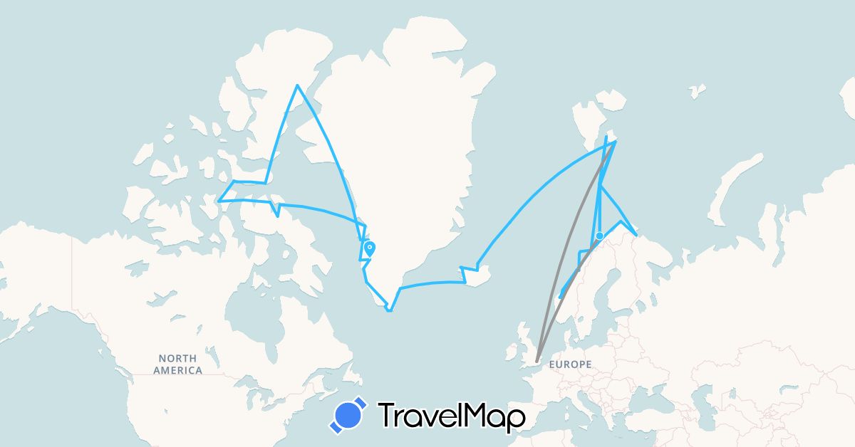 TravelMap itinerary: driving, plane, boat in Canada, United Kingdom, Greenland, Iceland, Norway, Svalbard and Jan Mayen (Europe, North America)